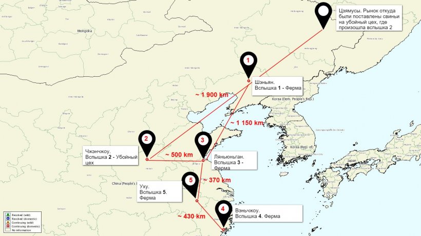 Карта вспышек АЧС в Китае&nbsp;

